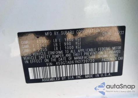 2022 Subaru Impreza Base 5-Door z USA, uszkodzony, nr VIN 4S3GTAB61N3720720